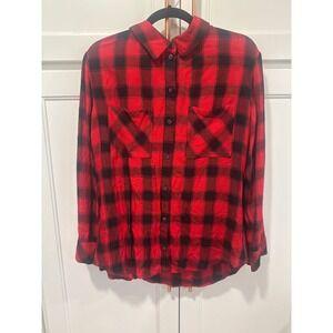 Sanctuary Womens Buffalo Plaid Button Down Shirt Red Black Rayon  boho western M